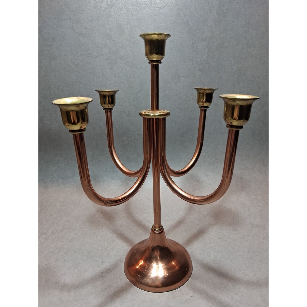 Vintage Mid Century Copper 5 Arm Candelabra Brass Accent Candle Holder 12" MCM